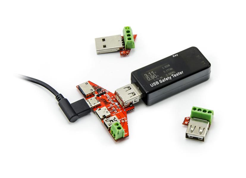 Testeur USB avec réducteurs Lightning, USB-C, mini et micro USB, 3-30V, 0-5A