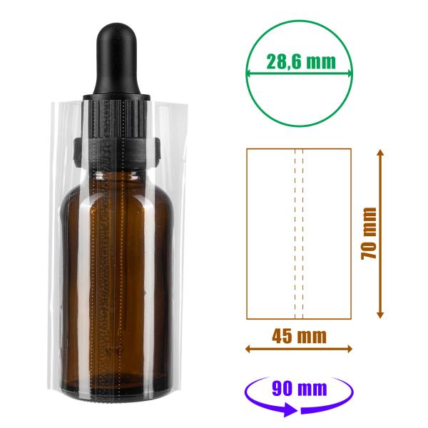 Film rétractable transparent 70x45mm avec perforations pour bouteilles et emballages, diamètre jusqu'à 28,6mm
