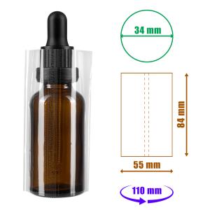 Film rétractable transparent 84x55mm avec perforations pour bouteilles et emballages, diamètre jusqu'à 34mm