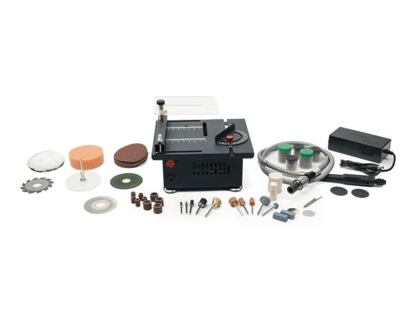 Mini scie d'établi multifonctionnelle avec accessoires pour la coupe, le fraisage, le meulage et le perçage
