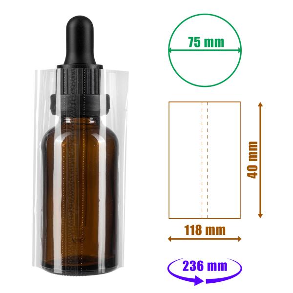 Film rétractable transparent 40x118mm avec perforations pour bouteilles et emballages, diamètre jusqu'à 75mm