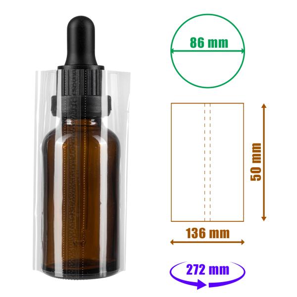 Film rétractable transparent 50x136mm avec perforations pour bouteilles et emballages, diamètre jusqu'à 86mm